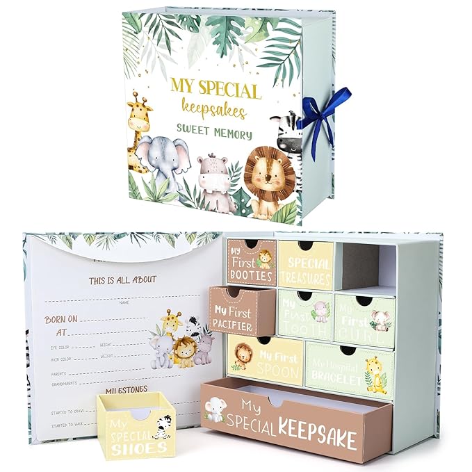 Beeveer Baby Keepsake Box Newborn Memory Organizer with 9 Labeled Compartments First Keepsake Book Gift Box for Pregnancy ...