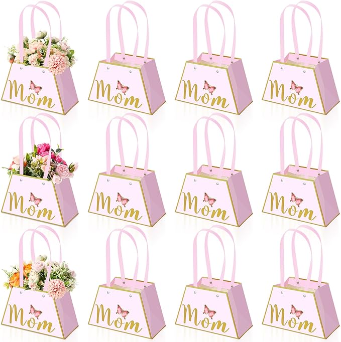 Tinlade 12 Pcs Mother's Day Flower Boxes for Arrangements with Handle Pink and Gold Mom Floral Bouquet Gift Bag Holder Wat...