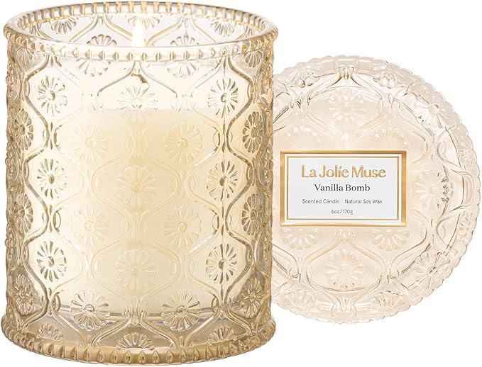 LA JOLIE MUSE Vanilla Bomb Candle | Vanilla, Lemon Zest & Patchouli | 6 oz Cotton Wick | Natural Soy Wax | 40 Hours Clean ...