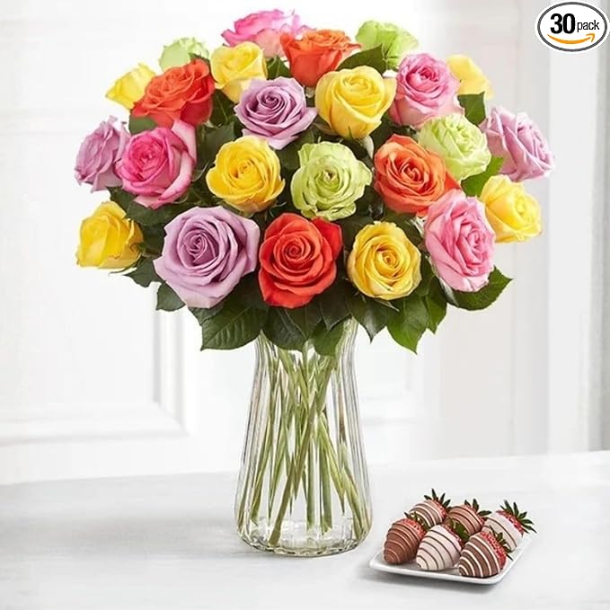 Shari’s Berries 24 Assorted Roses with Vase & 6 Gourmet Chocolate Covered Strawberries Gift Set| Flower & Chocolate Gift D...