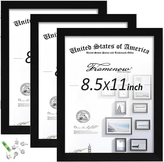 Framenow 8.5x11 Picture Frames Set of 3, Shatter-Resistant Glass Display Certificate or Pictures 8.5 by 11,To Wall and Tab...