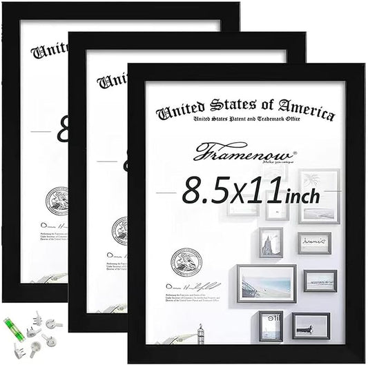 Framenow 8.5x11 Picture Frames Set of 3, Shatter-Resistant Glass Display Certificate or Pictures 8.5 by 11,To Wall and Tab...