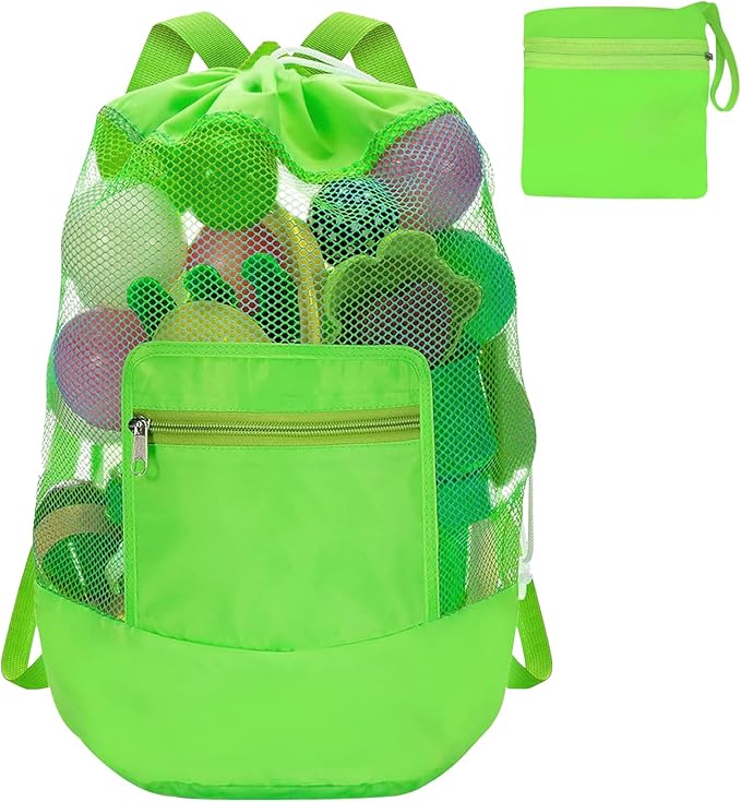 INVODA Mesh Beach Bag Drawstring Backpack - Foldable Lightweight Large Capacity, Adjustable Straps with Front Zipper Pocke...