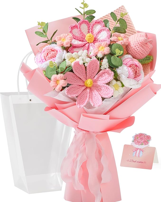 Alecono Crochet Flower Bouquet, Pink Handmade Knitted Flowers, Crochet Tulips Galsang Flower for Mother's Day Anniversary ...