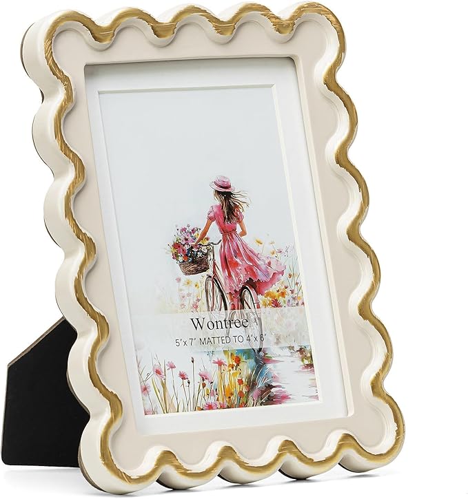 Wontree 5x7 Picture Frame in Beige with Shinning Gold Wavy Edge, Resin Frame with Real Glass, Display 5x7 Photos Matted to...