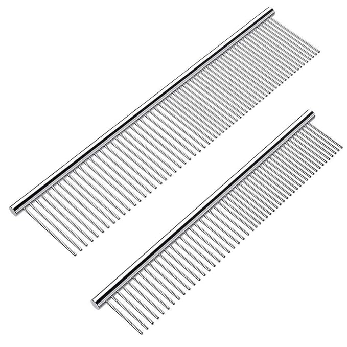 Cafhelp 2 Pack Dog Combs with Rounded Ends Stainless Steel Teeth, Cat Comb for Removing Tangles and Knots, Professional Gr...