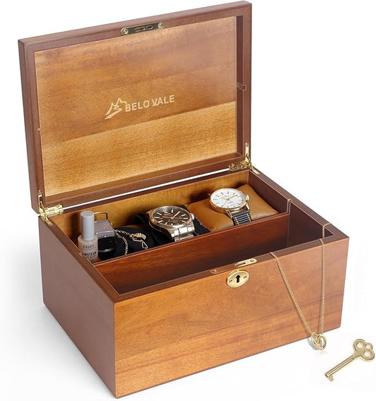 BELO VALE Premium Acacia Keepsake Box, Lockable Hand-Crafted Memory Box For Keepsakes with Removable Compartment,Wooden De...