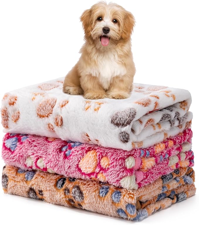 1 Pack 3 Blankets Fluffy Premium Fleece Soft Pet Blanket Flannel Throw for Cat Dog Puppy (Small 23x16'', Paw-White/Pink/Br...
