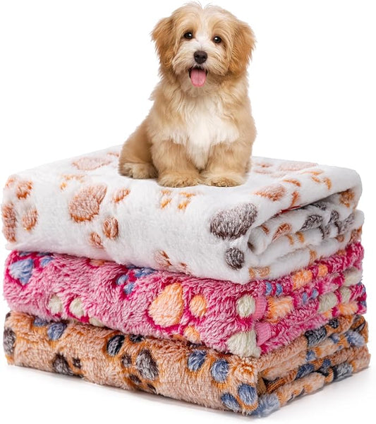 1 Pack 3 Blankets Fluffy Premium Fleece Soft Pet Blanket Flannel Throw for Cat Dog Puppy (Small 23x16'', Paw-White/Pink/Br...