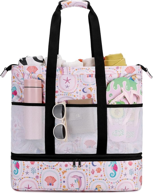 JIANYA Beach Bag Women Waterproof Sandproof Beach Tote Bags with Cooler Top Zipper Large Totes for Pool Travel Daily