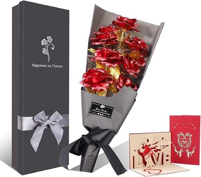 FonteeUS 9Pcs Gold Rose Flower Bouquet, Gold Foil Artificial Rose Bouquet with Gift Box, Romantic Present for Her on Valen...