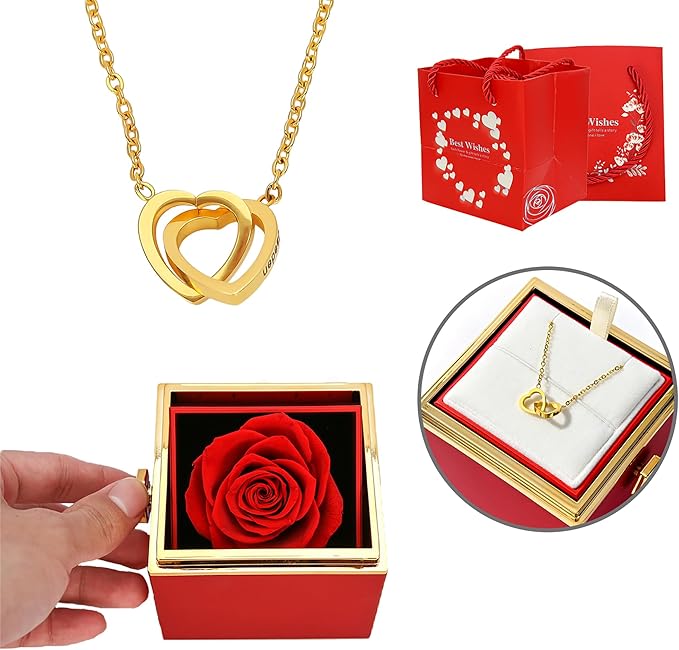 TINGKU Eternal Real Rose Gift Box for Women, Preserved Rose with Customized Engraved Name Heart Necklace, Personalized For...