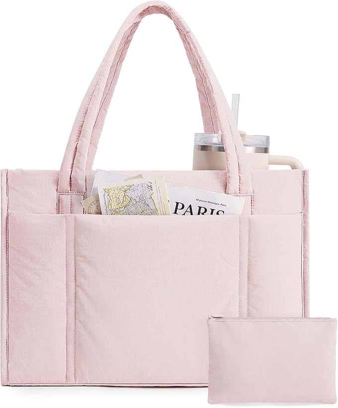 BAGSMART Tote Bag for Women, 2Pc Puffer Tote Bag with Zipper, Quilted Work Tote Teacher Bag Shoulder Handbag | Beach Tote,...