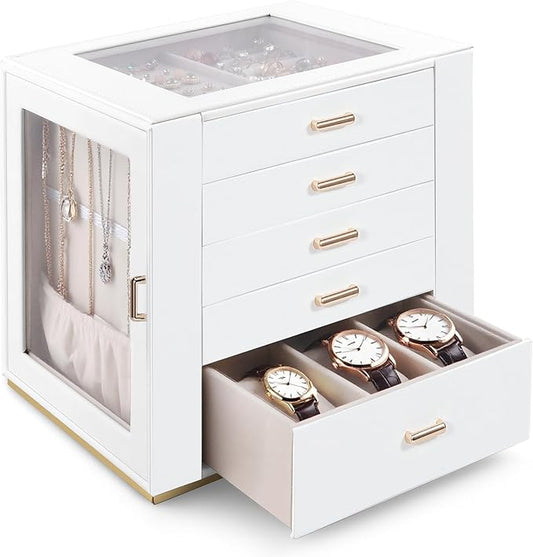 GUOER Jewelry Box 5 Layer for Women, Glass Lid Jewelry Organizer with 5 Drawers for Necklaces Rings Earrings Bracelets, Fu...