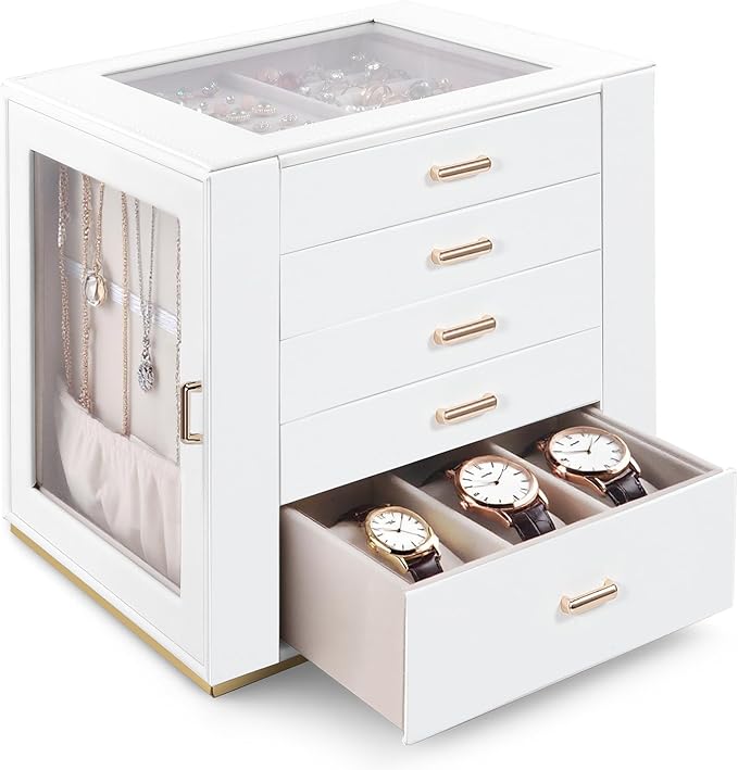 GUOER Jewelry Box 5 Layer for Women, Glass Lid Jewelry Organizer with 5 Drawers for Necklaces Rings Earrings Bracelets, Fu...