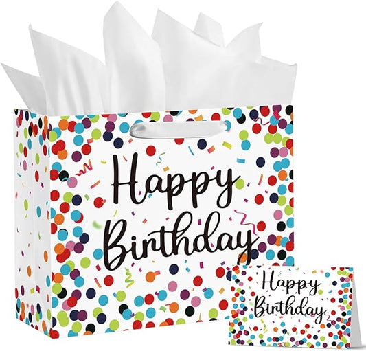 Horaldaily 13" Large Birthday Gift Paper Bags with Tissue Paper and Card, Happy Birthday Dots Streamers Gift Paper Bag for...
