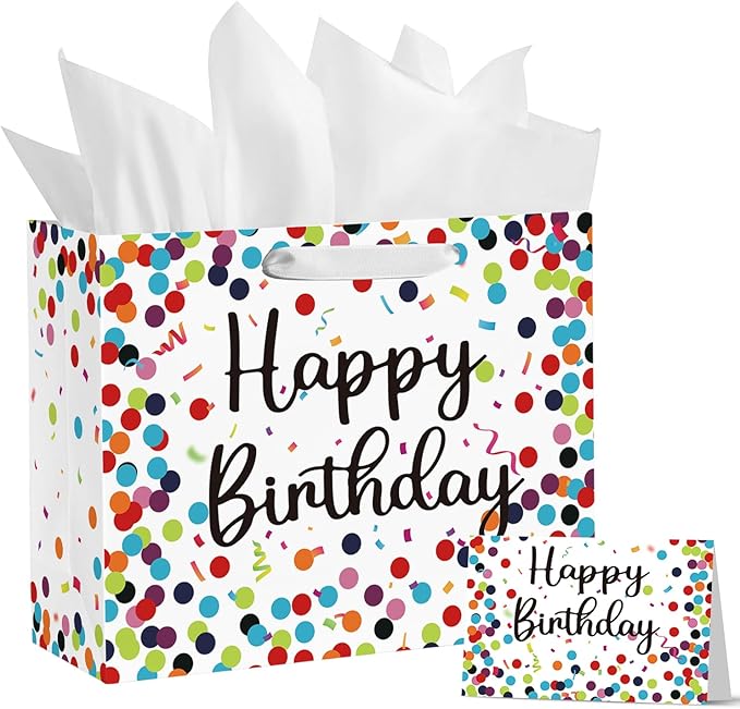 Horaldaily 13" Large Birthday Gift Paper Bags with Tissue Paper and Card, Happy Birthday Dots Streamers Gift Paper Bag for...
