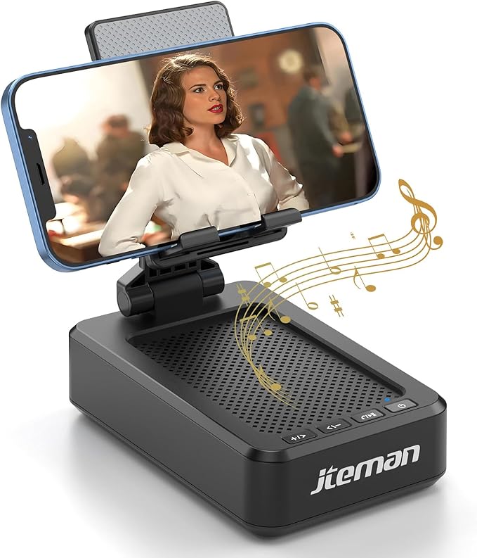 JTEMAN Cell Phone Stand with Bluetooth Speaker, HD Stereo Sound & Anti-Slip Base, Foldable Adjustable Desktop Phone Holder...