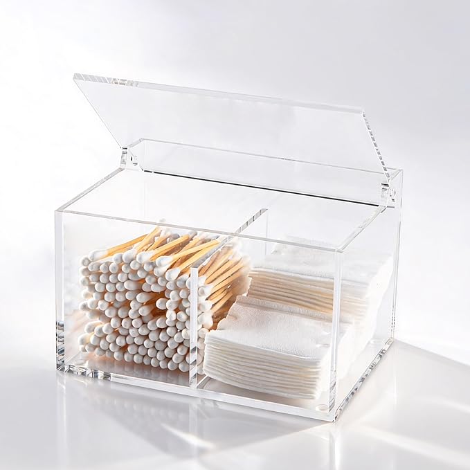 Dealpoli Clear Acrylic Cotton Swab Ball Holder Qtip Organizer with Lid 2-Grid Canister for Make Up Pads, Floss Picks, Vani...