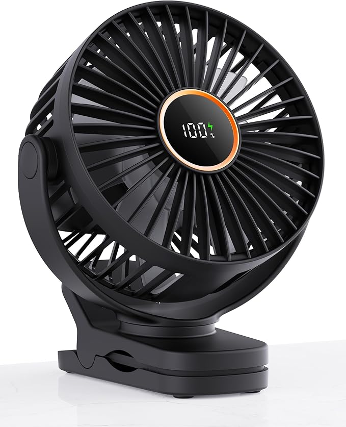 TUNISE Mini Clip on Fan, Battery Operated Desk Fan, Digital display，3 Speeds Adjustable, Bidirectional 360 ° Adjustable, S...