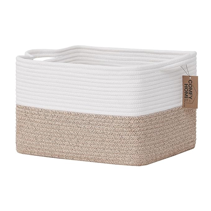 COMFY-HOMI Cotton Rope Woven Basket with Handles for Shelves,Toys,Book, Cloth Storage Baskets for Organizing-13.5" x 11" x...