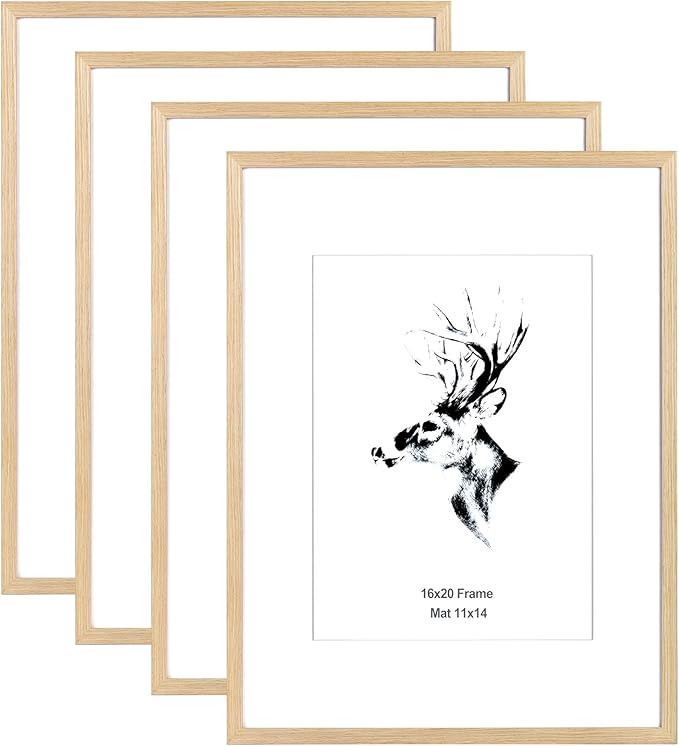 Yaetm 16x20 Picture Frame Matted to 11x14 Set of 4, Natural Solid Oak Wood 16x20 Frame for Gallery Wall, Photos, Posters &...