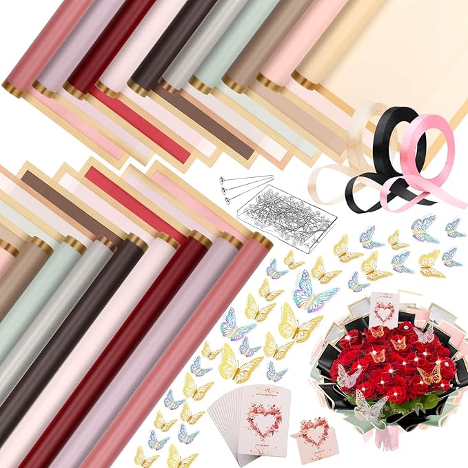 Thrilez 187PCS Flower Bouquet Wrapping Paper Kit Includes 40 Floral Paper, 24 Butterflies, 100 Bouquet Pins, 3 Ribbons and...