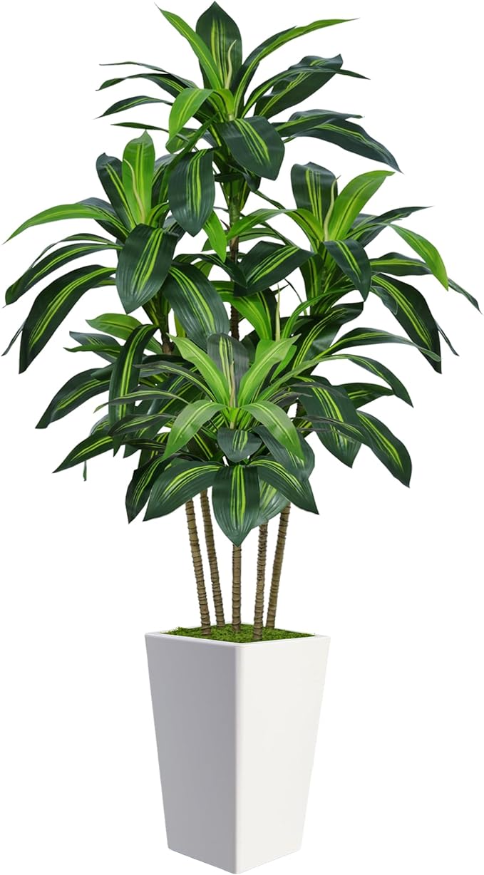 6FT Artificial Dracaena Tree, Fake Tree Indoor with White Tall Planter,Tall Artificial Plants Indoor,Artificial Silk Tree ...