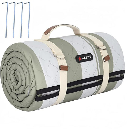 HX&OD Outdoor Picnic Blanket Extra Large, 80''*60'' Waterproof Picnic Mat with Stakes Foldable Camping Blanket Portable wi...