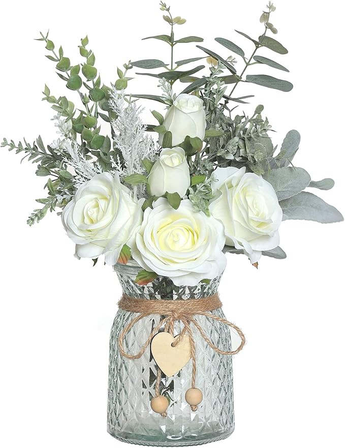 Faux Flowers with Vase,Artificial Silk Roses in Vase, Fake Plant Eucalyptus Flower Arrangement for Home Office Farmhouse B...