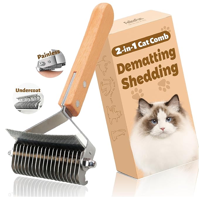 FelineFun Cat Brush for Dematting & Deshedding, 2 in 1 Undercoat Rake, Efficiently Remove Loose Hair & Matted Fur, Profess...