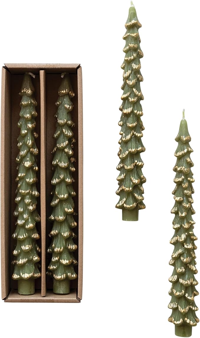Creative Co-Op Golden-Tipped Elegance Tree Shaped Taper Candles, Evergreen, Set of 2