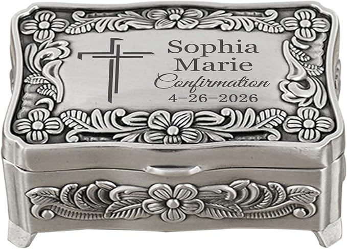 Hyillad Personalized Confirmation Gifts Small Metal Keepsake Box for Girls Teenagers, Confirmation Jewelry Gift Box for Br...
