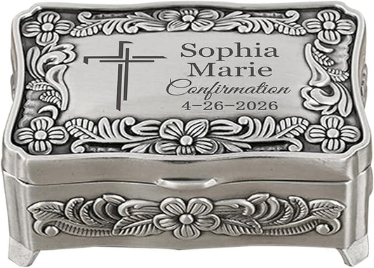 Hyillad Personalized Confirmation Gifts Small Metal Keepsake Box for Girls Teenagers, Confirmation Jewelry Gift Box for Br...