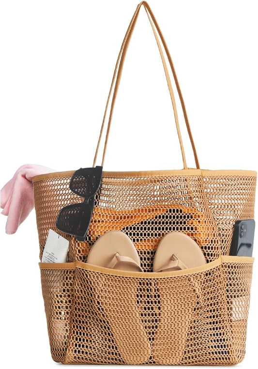 Iioscre Beach Bag for Women, Causal Hobo Pool Bags with Zipper Inner Pocket, Foldable Swim Tote Bag for Vacation Essentials