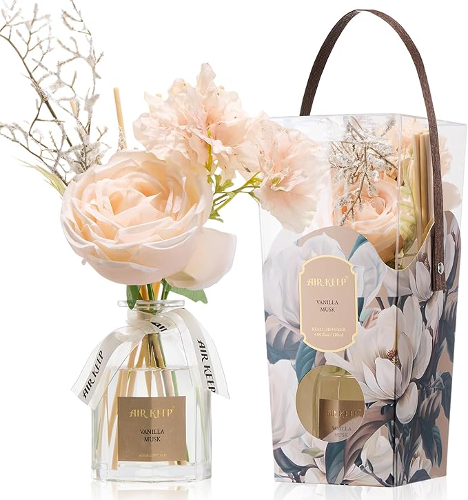 Airkeep Flower Reed Diffuser Set, Vanilla Musk Diffuser Gift Set,4.06 fl oz Essential Oil Sticks Diffusers for Bathroom Ai...