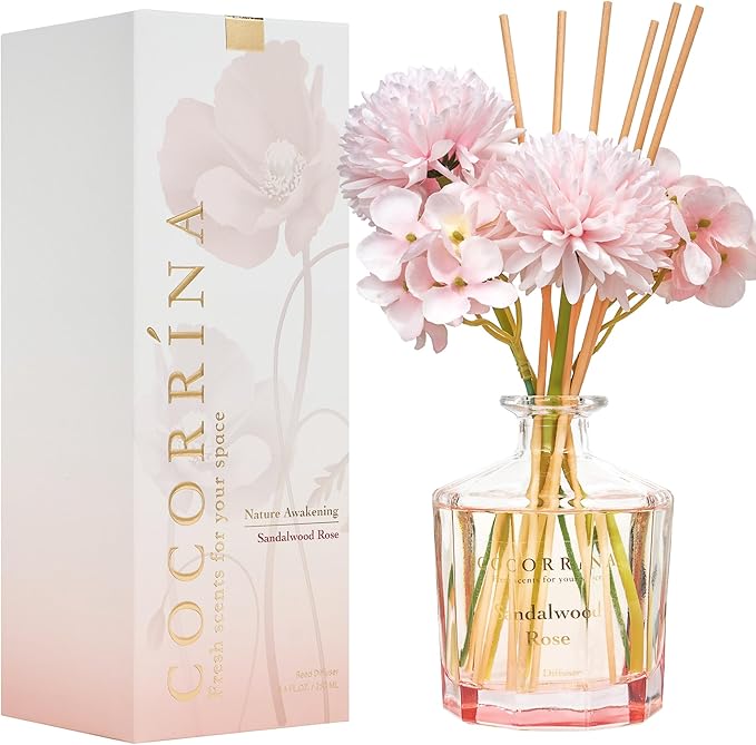 COCORRÍNA Reed Diffuser - Sandalwood Rose 8.5 Fl.oz Flower Reed Diffuser Set with 8 Sticks, Home Fragrance Reed Diffuser f...