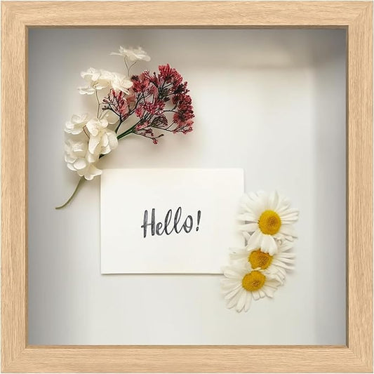 FrameWorks 11” x 11” Natural Oak Wooden Shadow Box Frame – Display Case with Soft Felt Back, Memory Box with Tempered Glas...
