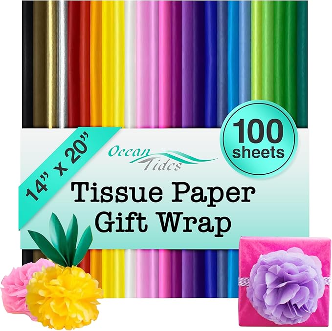 Ocean Tides Premium Wrapping Paper – 100 Sheets (14 x 20 Inches) Colored Tissue Paper for Gift Bags, Birthday Party, Flowe...