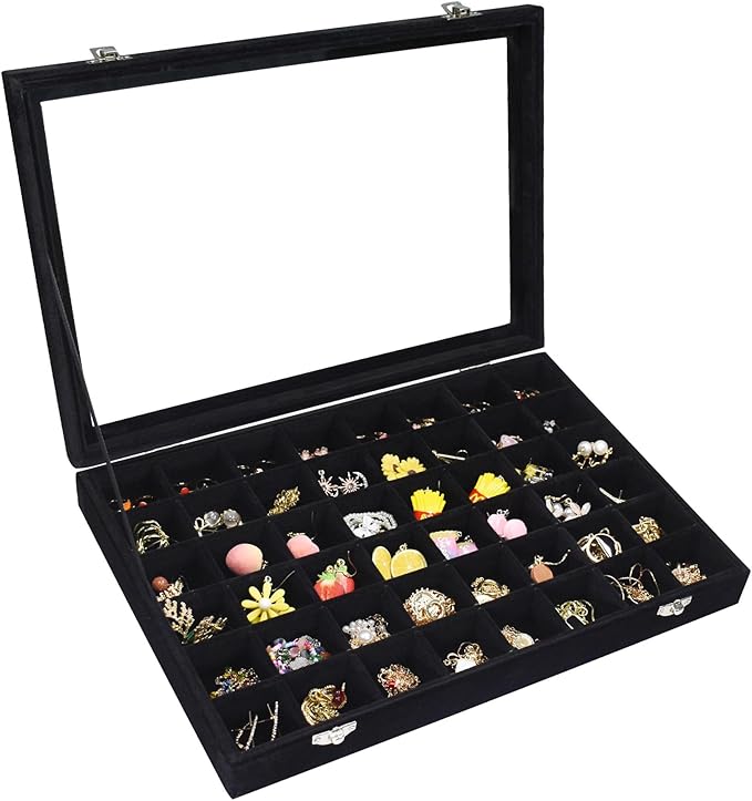 Vicoter Velvet Jewelry Tray 48 Compartments Jewelry Display Organizer with Transparent Cover Rings, Earrings, Necklaces, P...