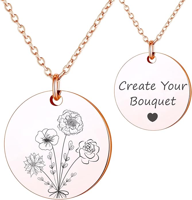 Anavia -Build Your Own Bouquet- Birthmonth Flowers Necklace, Personalized Engraved Floral Coin Necklace, Customized Birthd...