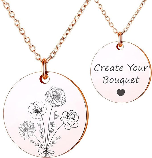 Anavia -Build Your Own Bouquet- Birthmonth Flowers Necklace, Personalized Engraved Floral Coin Necklace, Customized Birthd...