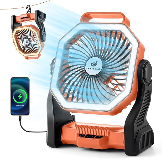 Odoland Rechargeable Camping Fan, 20000mAh Battery Fans with LED Lantern for Tent Car Beach Storm, Portable Light Desk Coo...