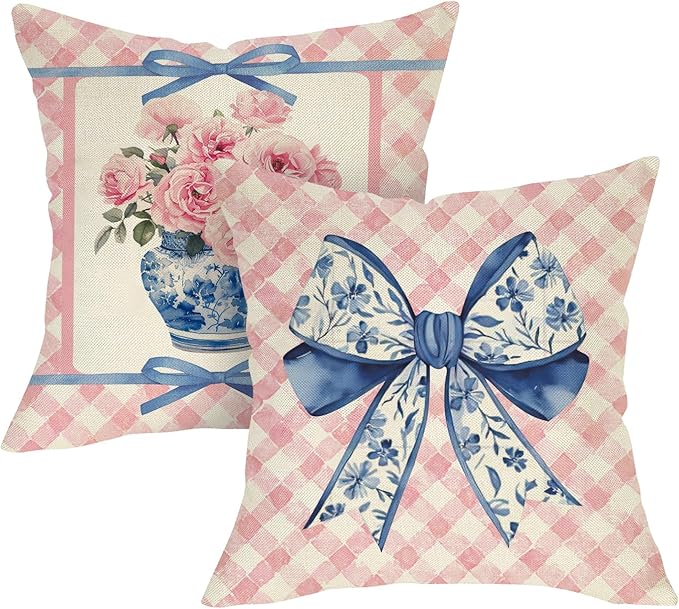 Fjfz Pink Rose Flower Bow Decorative Throw Pillow Covers 18 x 18 Set of 2, Chinoiserie Blue and White Porcelain Floral Coq...