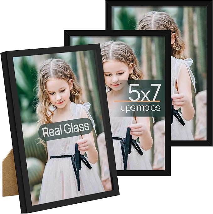 upsimples 5x7 Picture Frame Set of 3, Made of High Definition Glass for 5 x 7 Black Frames, Wall and Tabletop Display Thin...