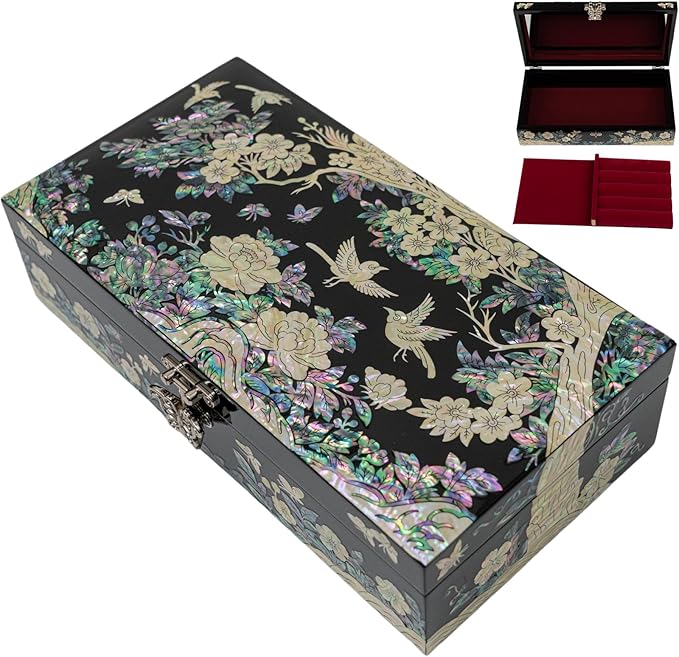 February Mountain Mother of Pearl Large Jewelry Box with Ring Tray - Handmade Unique Gifts for Women - Abalone Shell Keeps...