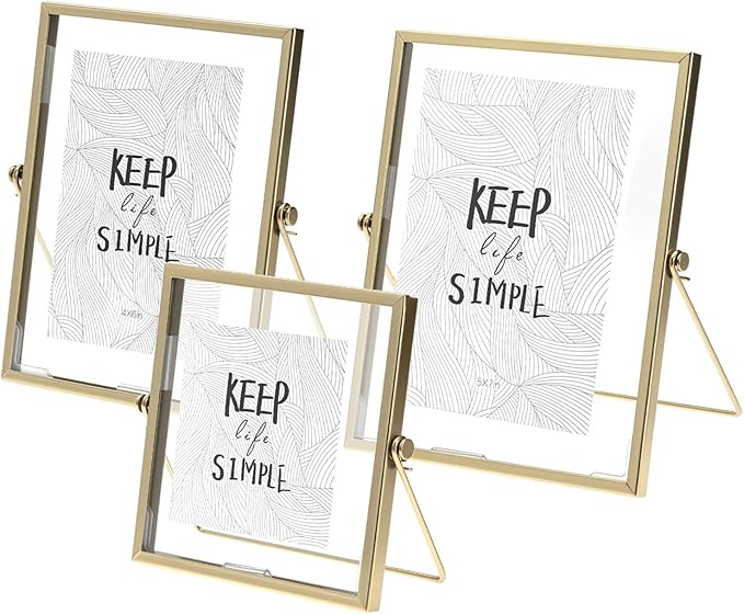 QWORK Gold Floating Picture Fram, Set of 3 Glass Double Panel Metal Frame, Includes 5x7, 4x6, 4x4, Tabletop Display for Po...