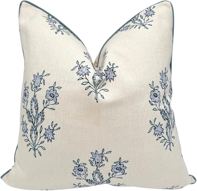 Jillien Harbor “The Mary” Blue and White Decorative Throw Pillow Cover – Floral Block Print Pillow Cover – Grandmillennial...