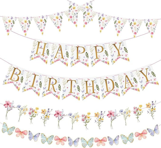 Homarkable Flower Birthday Decorations,Floral Birthday Banners,with Flower Bouquet Garland, Party Decorations for Girls Women