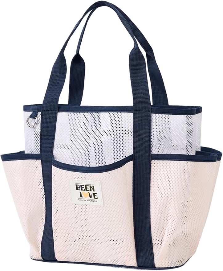 nemeki Mesh Beach Bag for Women Small Beach Tote Bag Sandproof Foldable Swim Pool Bag with 8 Pockets for Travel